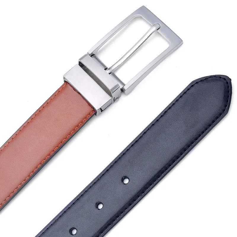 Men's brown and black genuine leather belt with rotating metal pin buckle showing length measurement