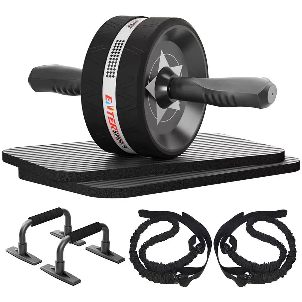 Push-up bracket set with seven abdominal wheels in red, green, black, and blue for indoor fitness
