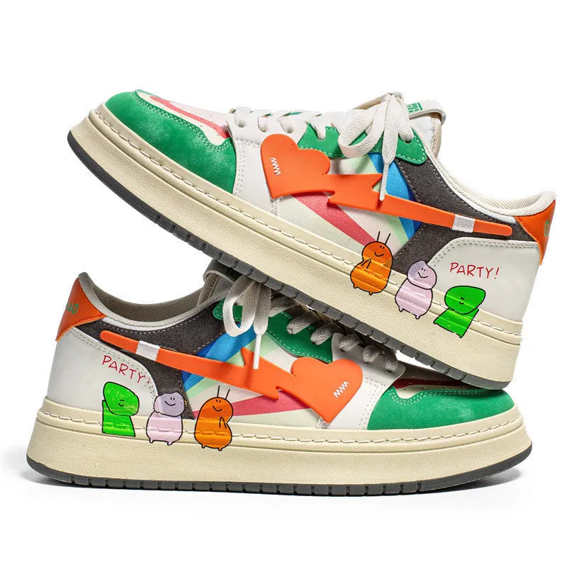 Casual plain lace-up sneakers in rainbow, white blue, or white rice colours on a white background.
