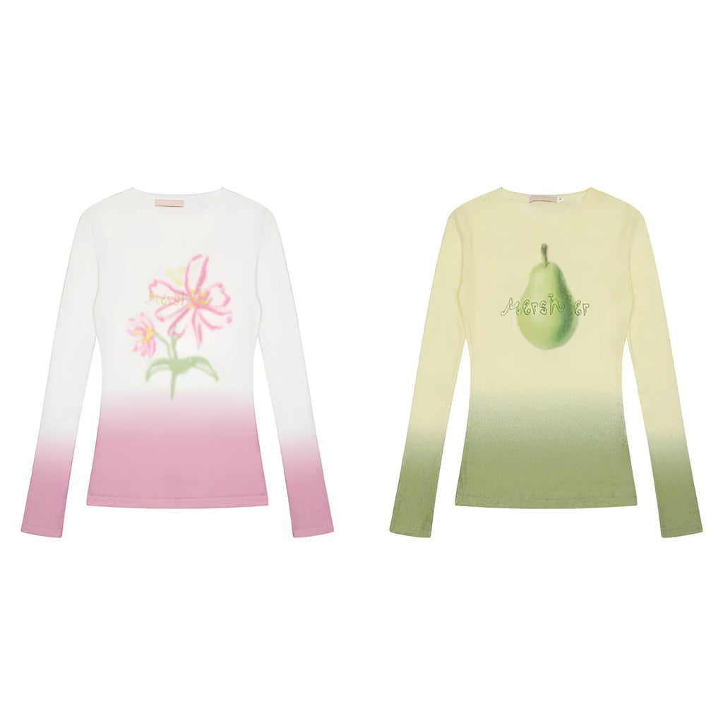 Women's long-sleeved T-shirt with gradient floral pattern in light pink or yellow green.