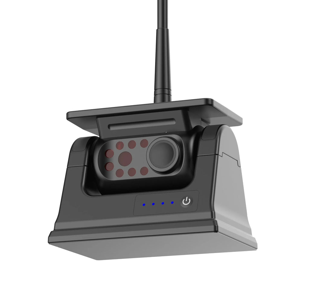 Solar-powered wireless reversing camera with magnetic mount, shown in black.