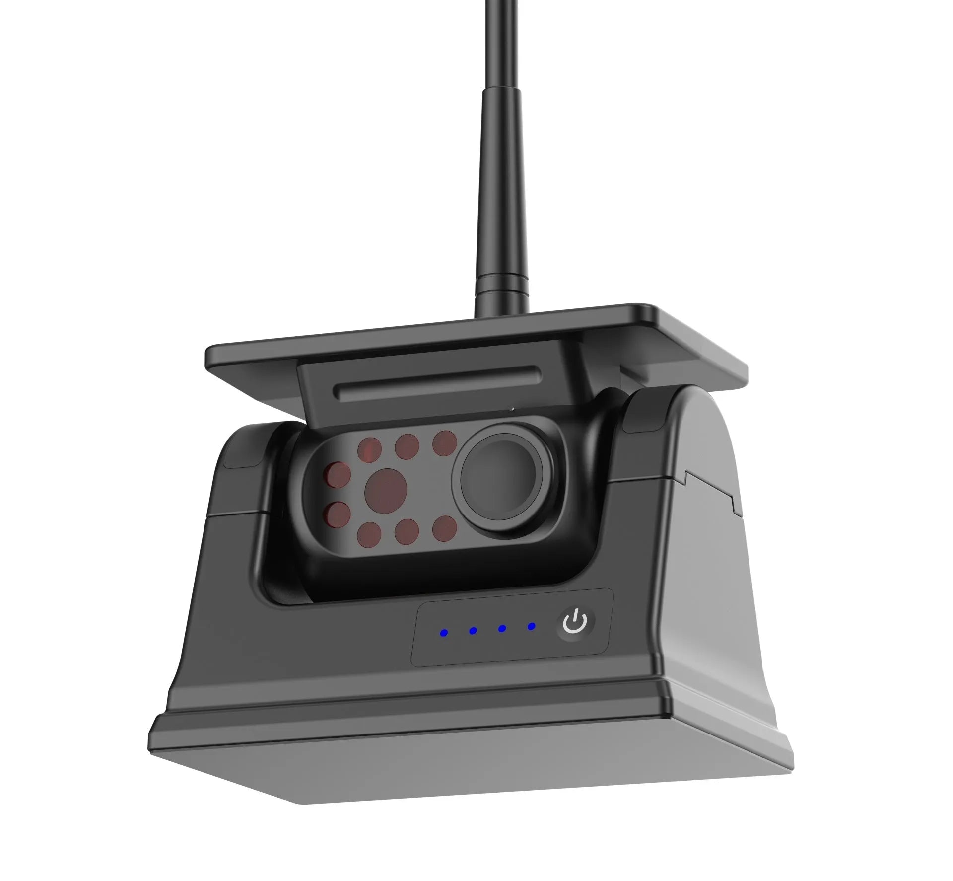 Solar-powered wireless reversing camera with magnetic mount, shown in black.