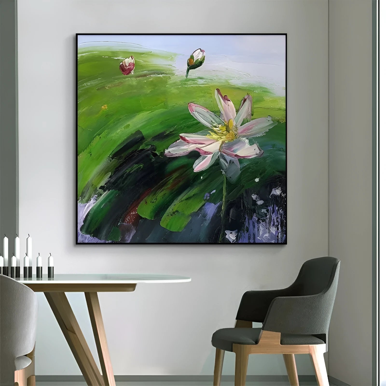 Hand-painted abstract rural landscape oil painting with lotus flowers on square canvas, modern style