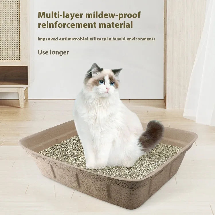 Brown disposable cat litter box showing its shallow tray shape and three available size options for small, medium, and large cats.