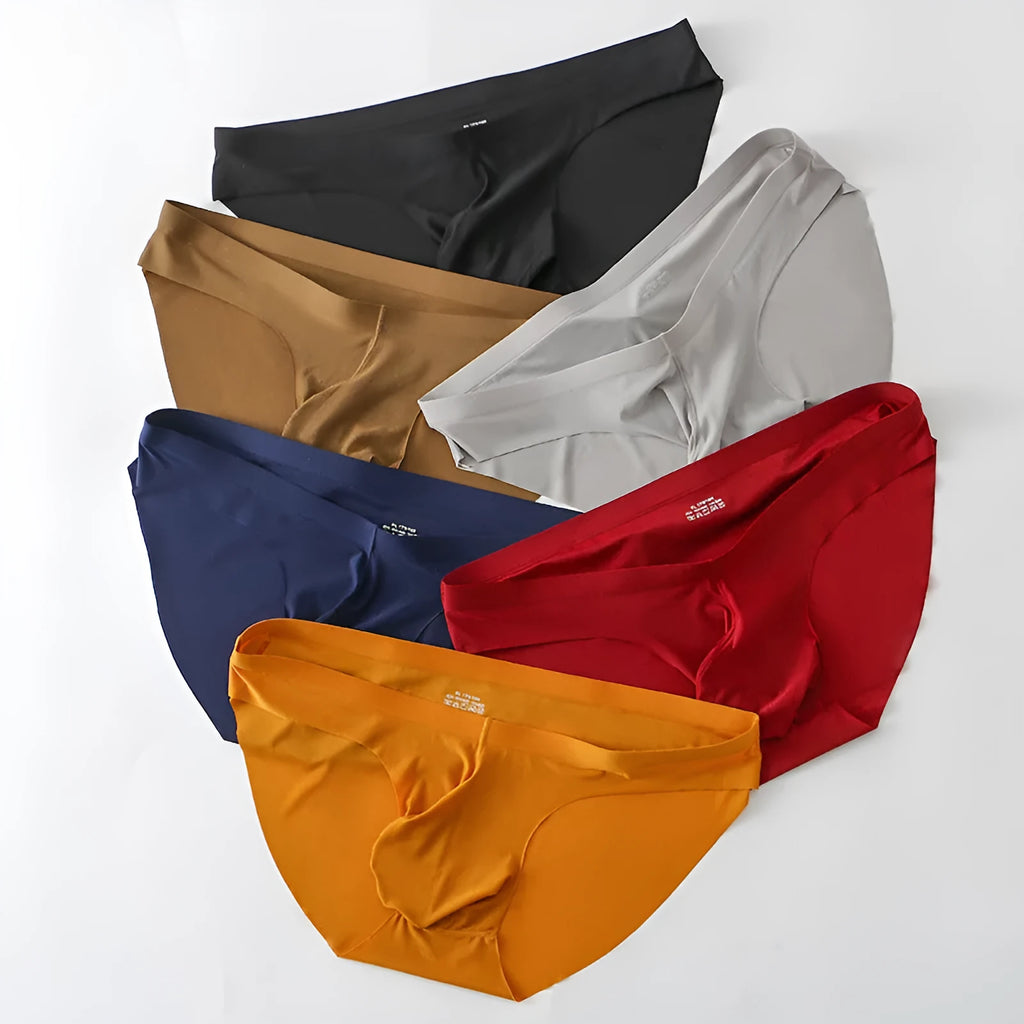 Men's ice silk seamless briefs in black with separate support pouch and quick-dry fabric