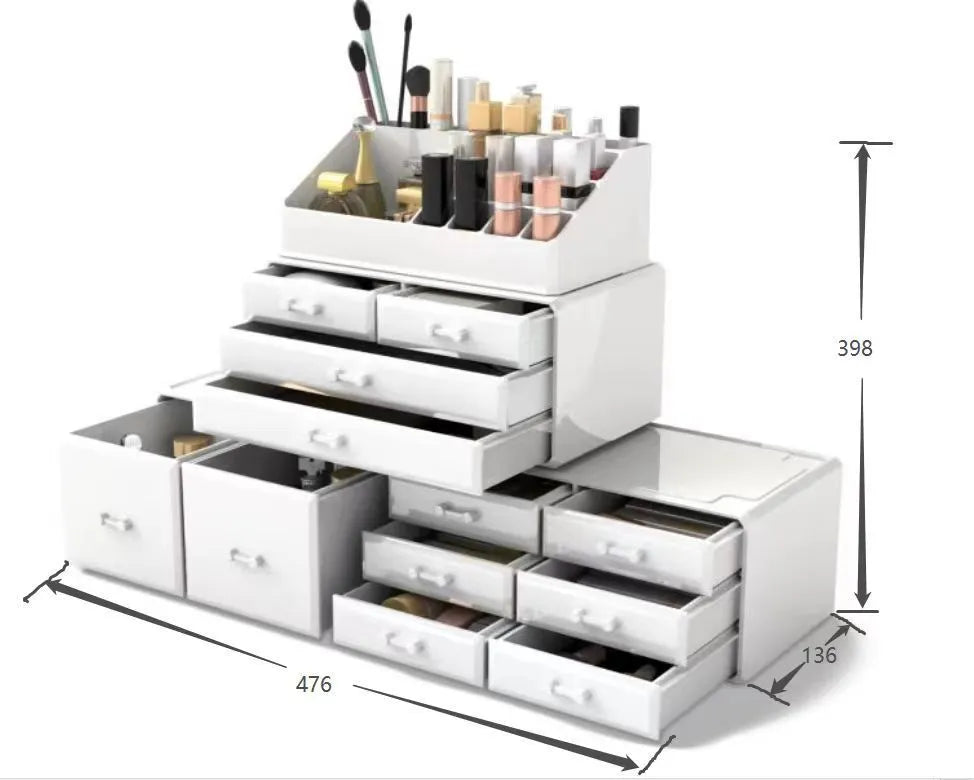 Acrylic three-layer cosmetics storage box in Nordic style, transparent finish on a vanity table