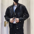 Men's black Korean-style straight hem PU leather jacket with side seam pockets