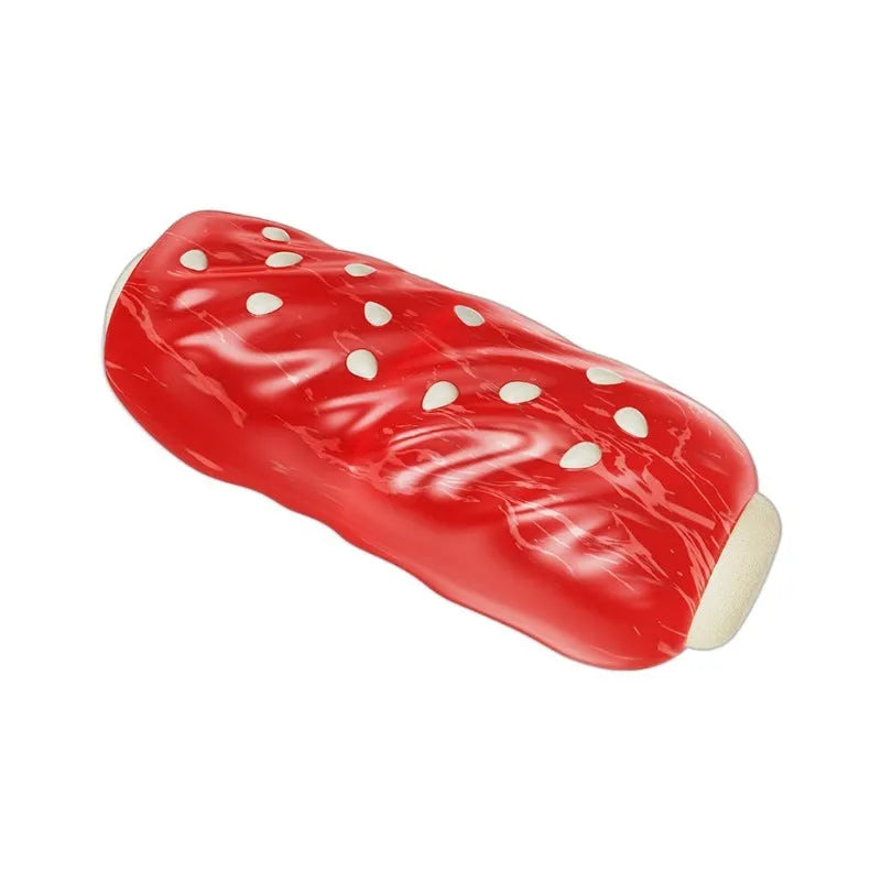Primary colour plastic dog chew toy shaped like a toothbrush with a large molar rod.