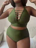 Plus size black halter bikini with adjustable cross straps and high waist briefs on mannequin