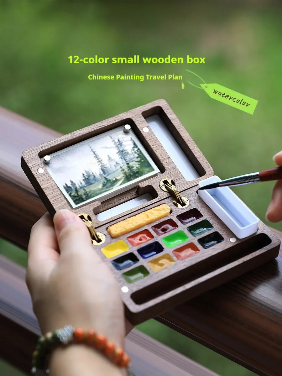 Mini walnut watercolour paint box with wooden case showing four design variants for pigment storage