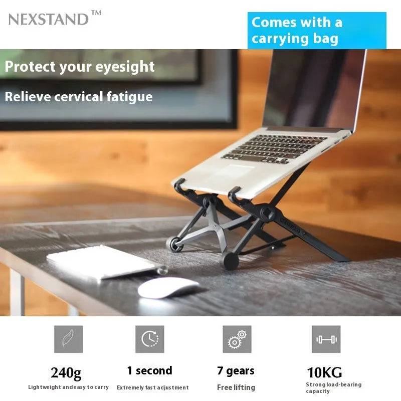 Black portable folding laptop riser on desk with 40cm wide platform