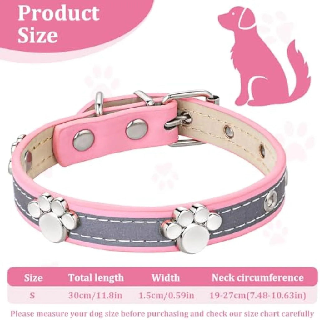 Reflective PU leather dog collar with metal paw rivets and adjustable buckle