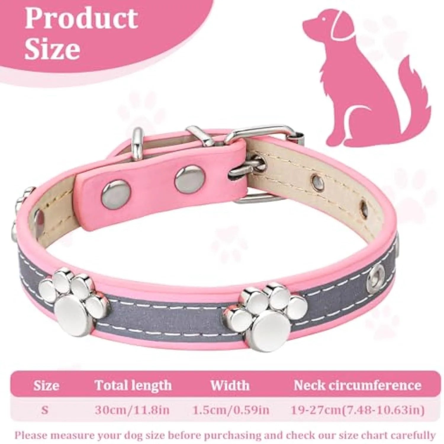Reflective PU leather dog collar with metal paw rivets and adjustable buckle