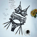 Women's black lace floral print three-piece set with trousers and waist ring