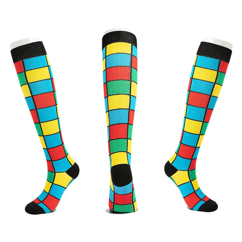 Pair of mixable compression socks in black nylon silk with jacquard pattern for cycling sports