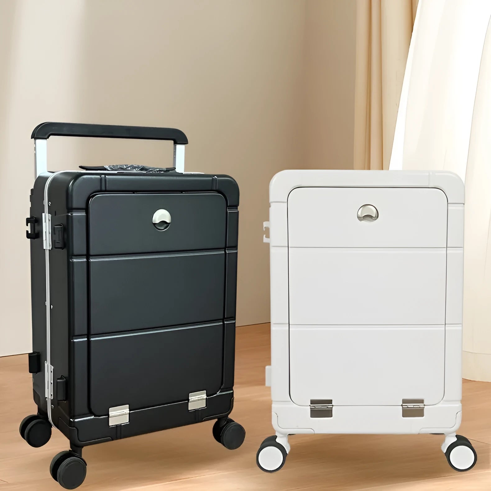 20-inch front-opening ABS PC suitcase in black showing cup holder and universal wheels.