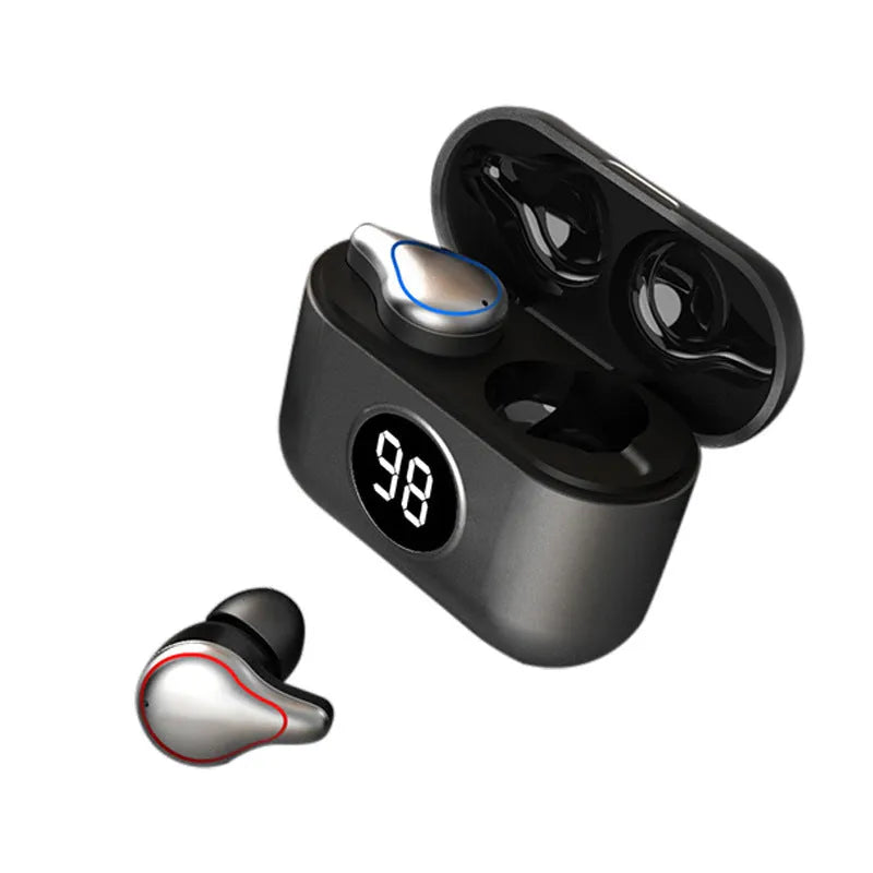 Black and blue wireless in-ear Bluetooth stereo headset with earplug design