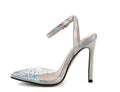 Women's pointed toe diamond sandals with a stiletto heel, showing PVC upper material.