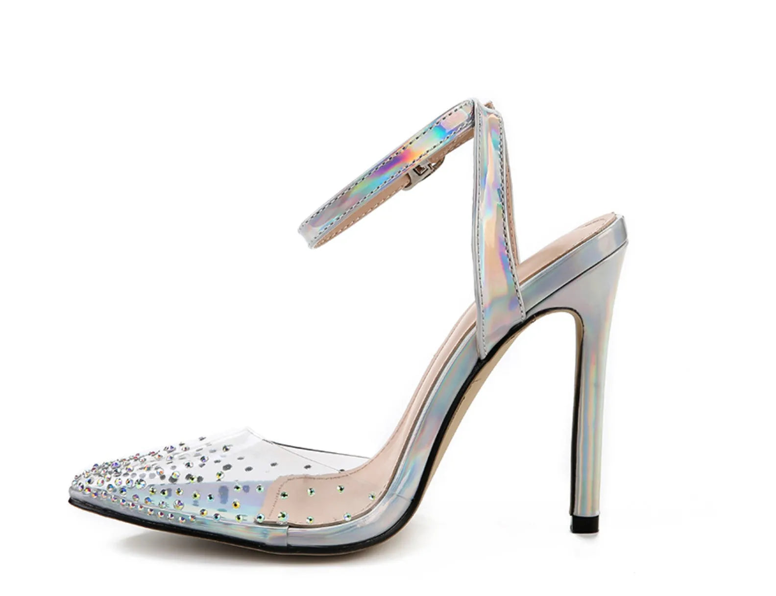Women's pointed toe diamond sandals with a stiletto heel, showing PVC upper material.