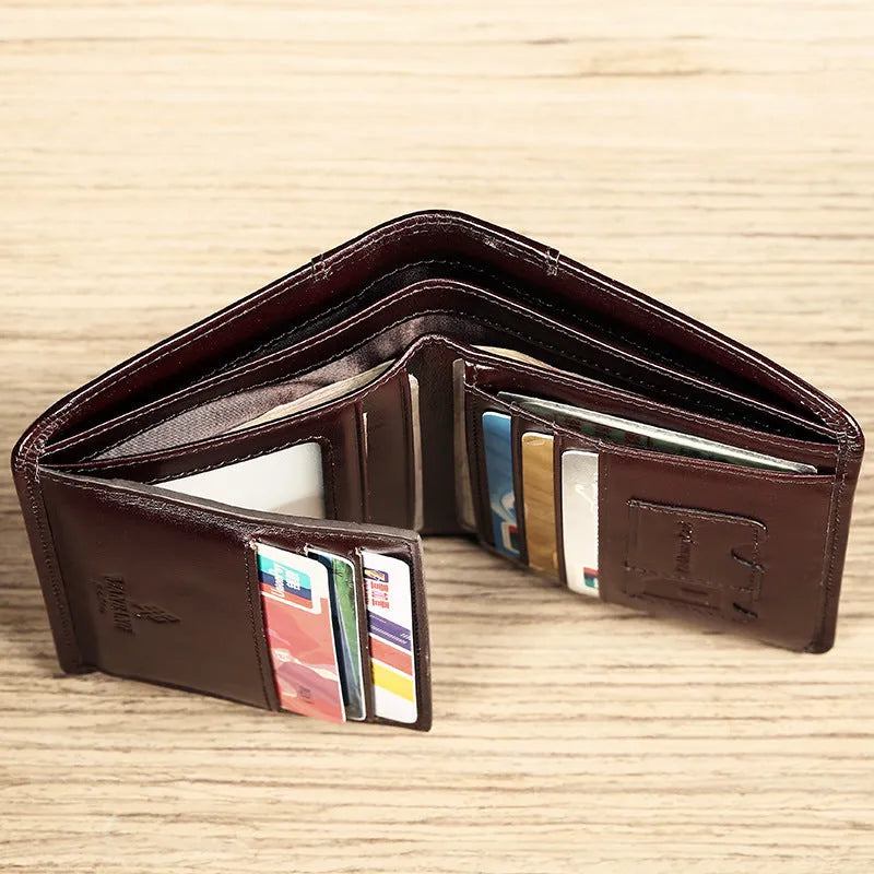 Men's leather bi-fold wallet with RFID protection in black or coffee brown