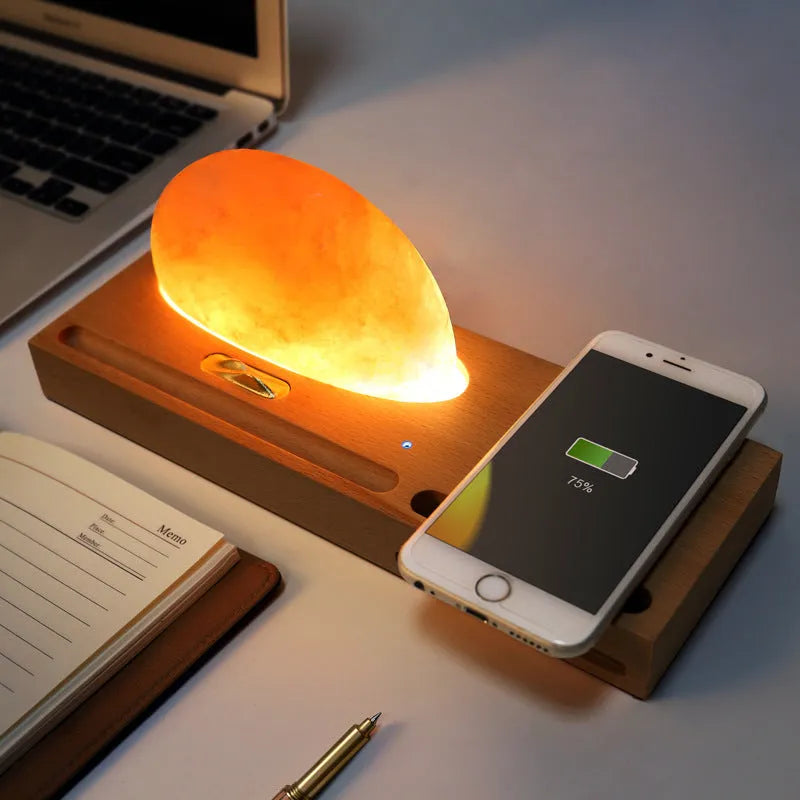 Sunrise Oriental wooden base table lamp with natural crystal salt shade and built-in wireless phone charging.