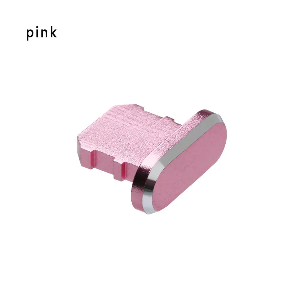 Aluminium alloy dust plug for iPhone charging port in various colours including gold, silver and rose gold.
