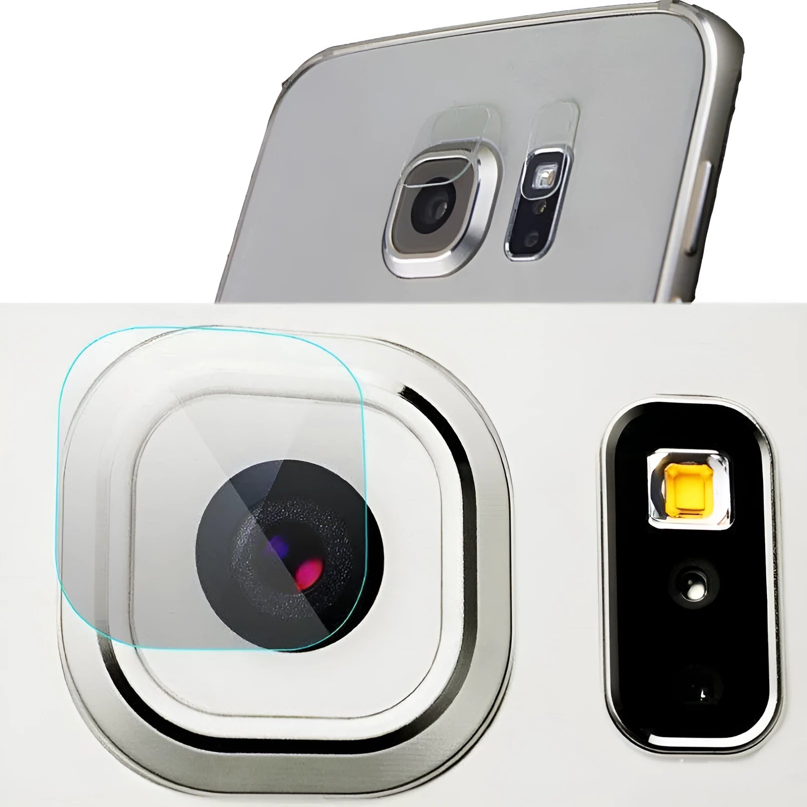 Tempered glass protective film for Samsung Galaxy rear camera lens and flash.