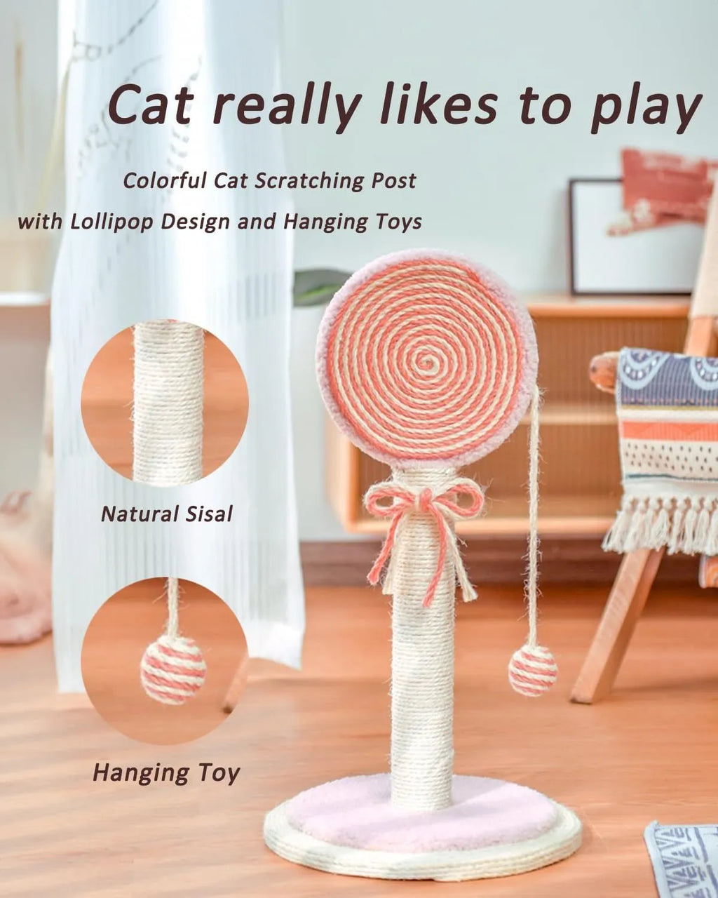 Blue cat scratching post made of natural sisal rope with a hanging ball toy on a sturdy wooden base.