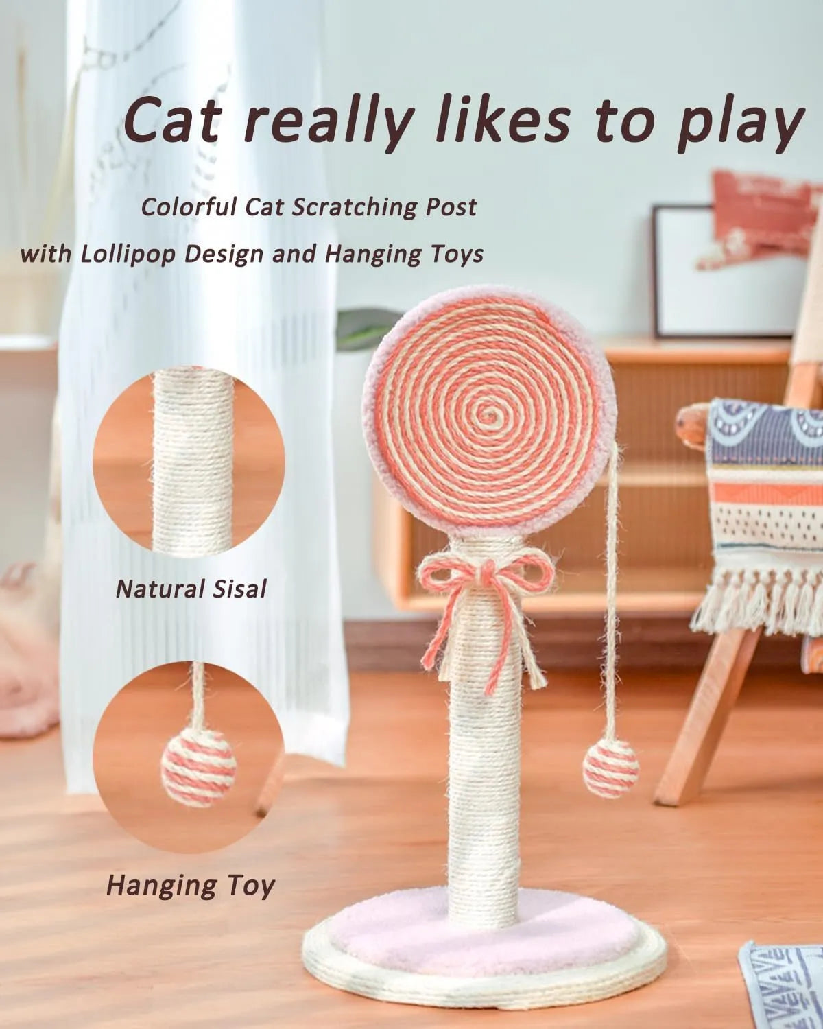 Blue cat scratching post made of natural sisal rope with a hanging ball toy on a sturdy wooden base.