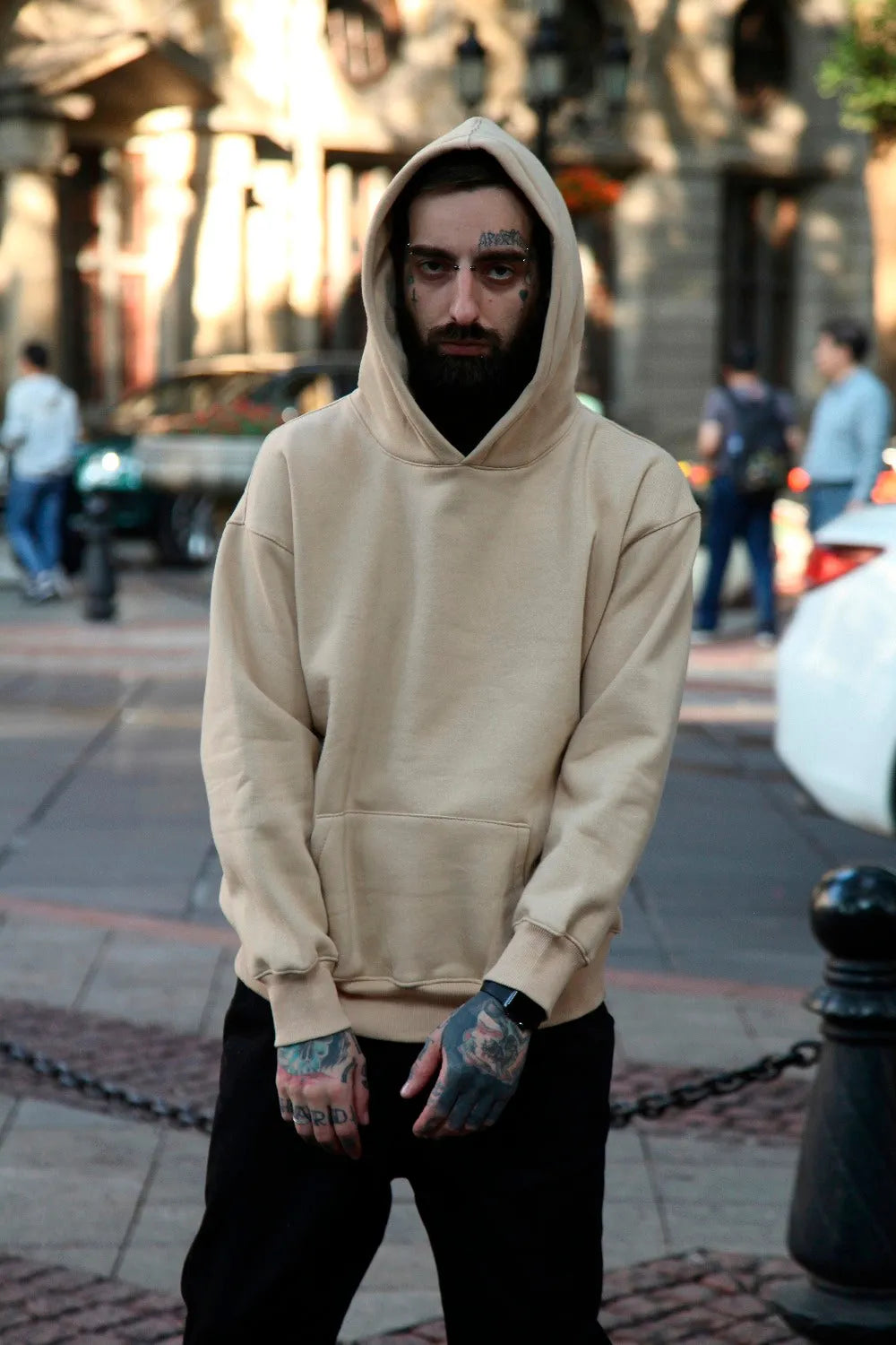 Men's oversize cotton hooded sweater in khaki, front view, hip-hop style with regular sleeves and hood