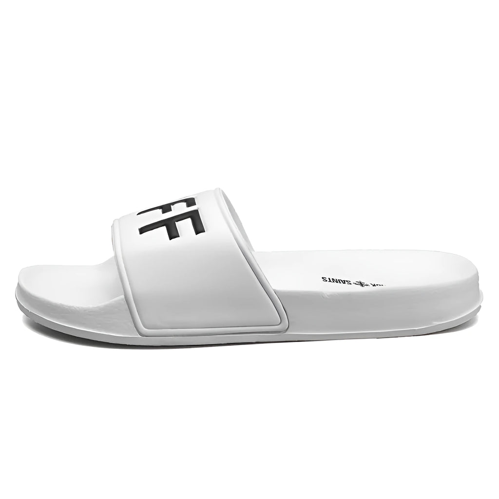 Men's black open-toe slippers with a rubber sole and viscose upper, shown next to a white pair.