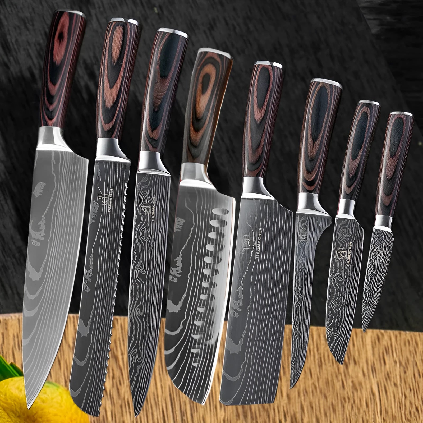 Chef knife with Damascus steel blade, color steel handle, 30cm length for kitchen use