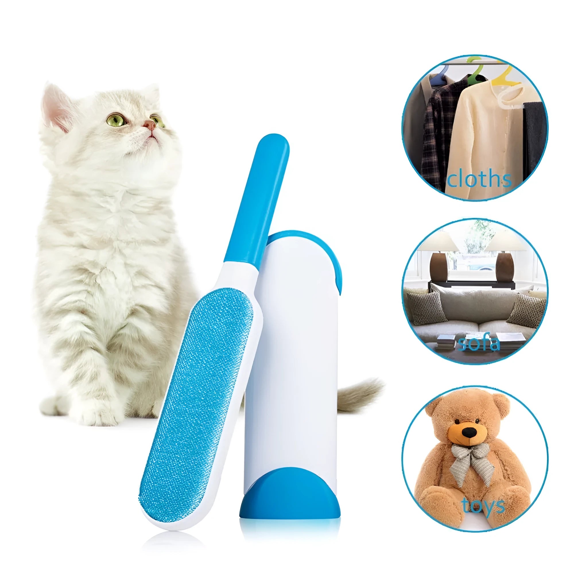 Blue reusable pet hair removal brush with sticky flannel head placed in its self-cleaning base.