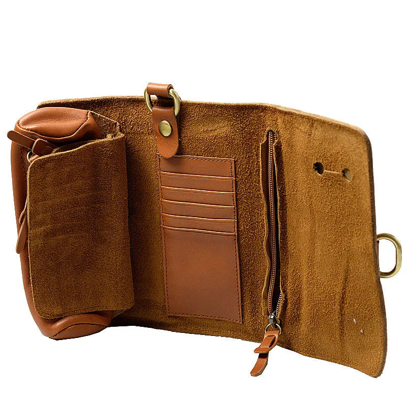 Handmade solid colour cow leather vintage wallet with tape closure, shown in black and dark brown.