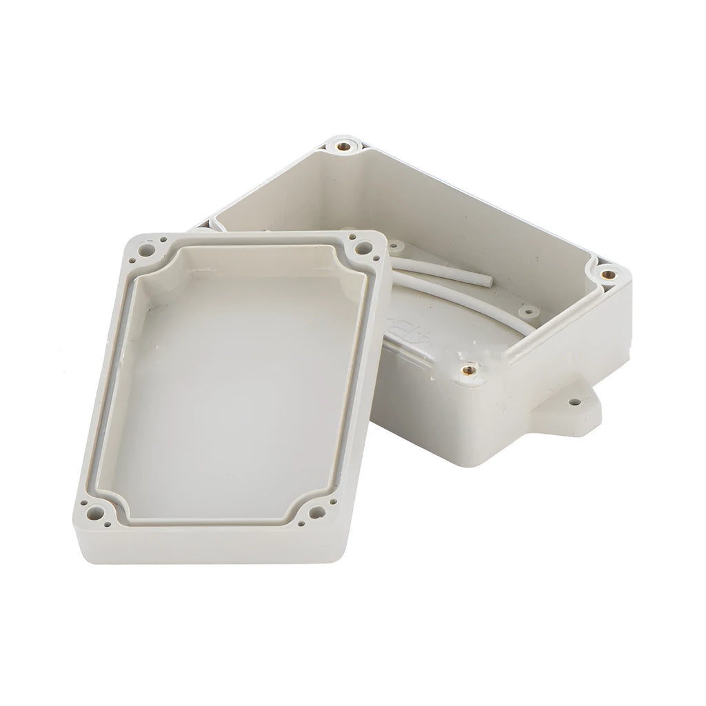 F4B-1 black ABS plastic waterproof junction box for electronic components, 100mm long.