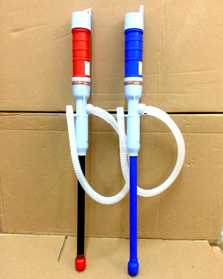 Blue manual hand pump siphon for fuel and liquid transfer with PP plastic construction.