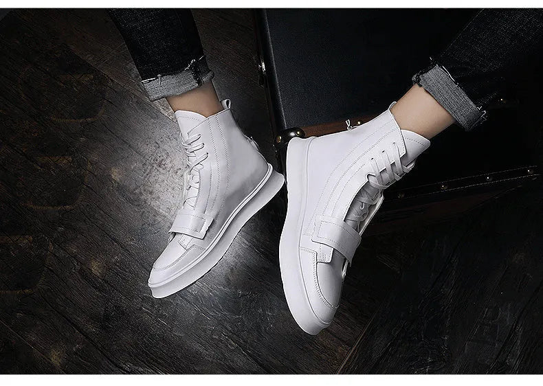 Men's black and white PU leather ankle boots in a high-top sneaker style for winter.