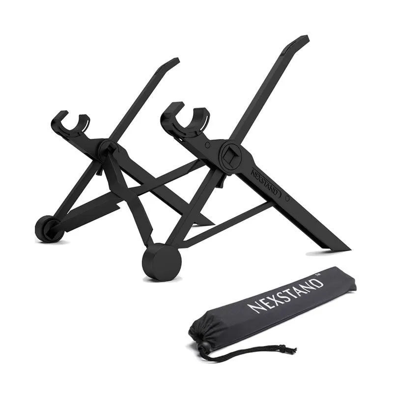 Black portable folding laptop riser on desk with 40cm wide platform