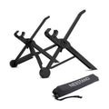 Black portable folding laptop riser on desk with 40cm wide platform