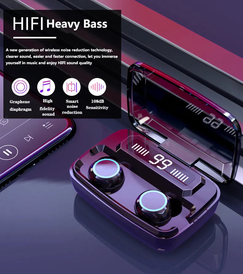 Black M11 wireless Bluetooth headset with digital power display and charging compartment