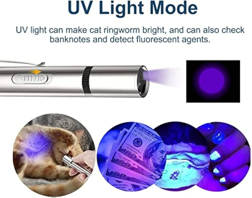 Silver aluminium cat laser pointer toy showing light patterns on a wall.