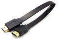 Flat white HDMI cable with connectors on a grey background.