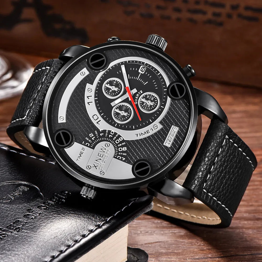 Mens big analogue wristwatch with leather strap and date window, 5cm dial, black colour option