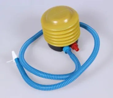 Blue and red manual pedal pump for swim ring inflation with 4-inch diameter