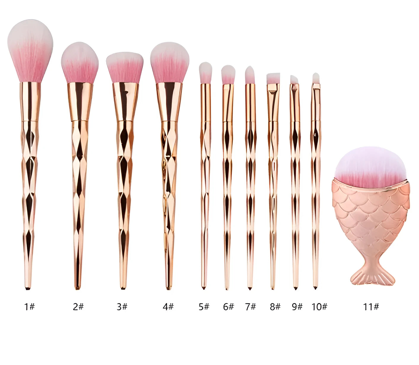 10-piece makeup brush set with wooden handles and rose gold synthetic wool bristles for foundation eyeshadow contour concealer blush