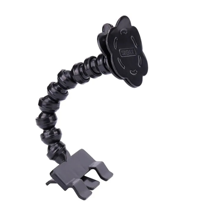 Black and white PVC pet selfie stick with square clip and flower clip for camera attachment.