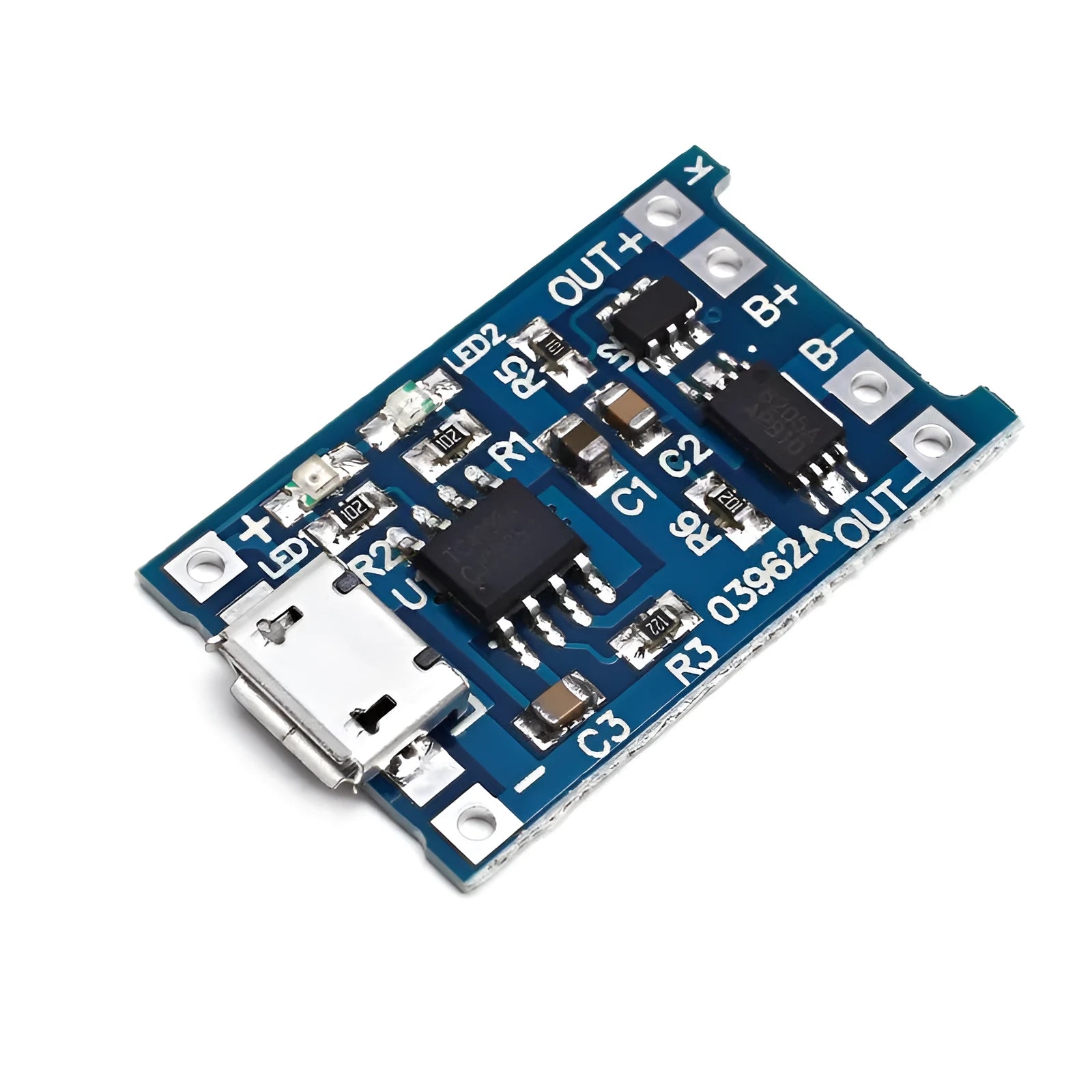 Blue lithium battery charging and protection circuit board measuring 26 by 17 millimetres.