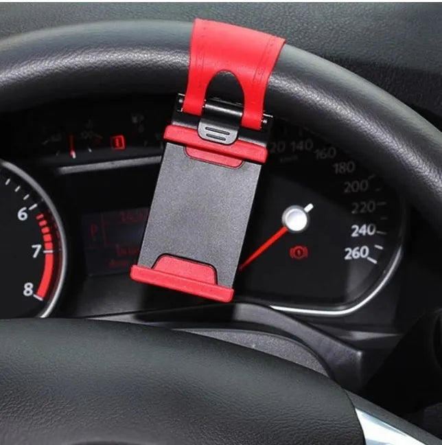 Black steering wheel phone holder with silicone pad for smartphone protection measuring 75x40x25mm
