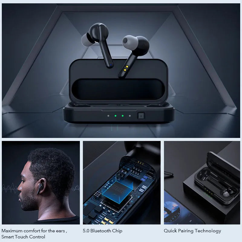 Black and white Bluetooth 5.0 TWS wireless earbuds with IPX5 waterproof rating