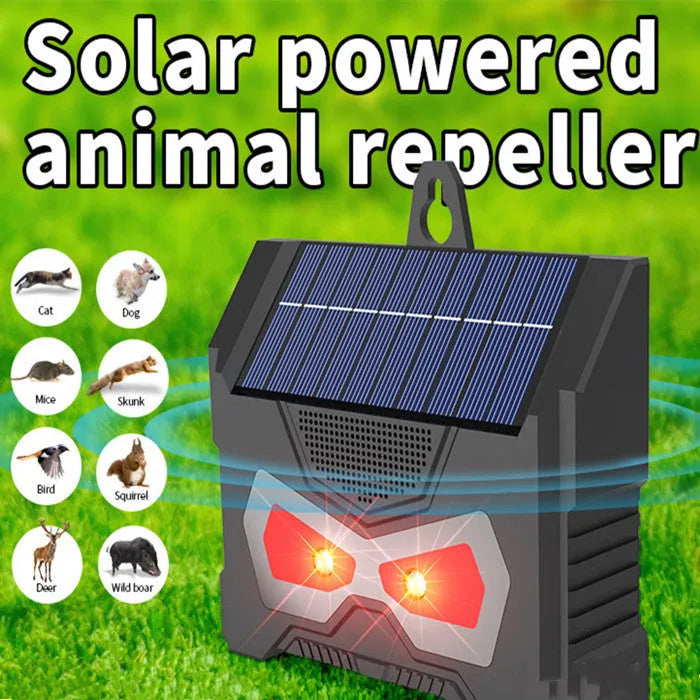 Black solar ultrasonic animal repeller device for outdoor pest control with animal-themed design